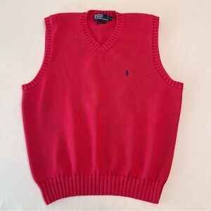 POLO Ralph Lauren Men Red V-neck Knit Sweater Vest Cotton Blue Pony Size Large